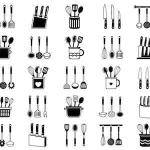May include: A collection of black and white icons depicting various kitchen utensils, including whisks, spatulas, ladles, and knives. The icons show these tools arranged in holders, hanging on racks, or grouped together in sets for culinary preparation.