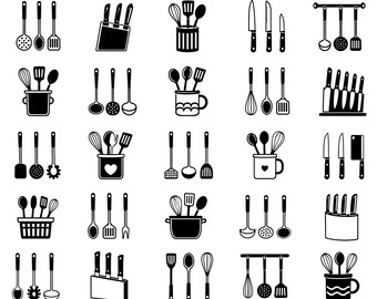 Kitchen Split Frame SVG Bundle – 25 Unique Black Outline Utensil Designs, Bold Line Art, White Background, Cricut Silhouette, Eps, Png, Dfx