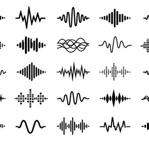 Puede incluir: Colección de ilustraciones de ondas de sonido en blanco y negro. Los diseños incluyen diversas formas de onda, pulsos y líneas oscilantes. Adecuado para proyectos y presentaciones relacionados con audio.
