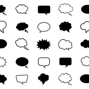 May include: A collection of twenty-five black and white speech and thought bubbles arranged in a grid. The set includes various shapes such as solid black ovals, rectangles, jagged bursts, and cloud-like outlines with circular tails for thought.