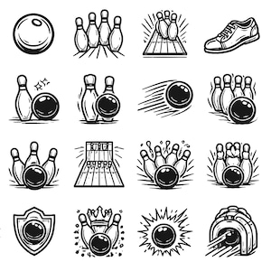 Puede incluir: Colección de ilustraciones en blanco y negro con temática de bolos. Las imágenes incluyen bolas de bolos, bolos y un zapato de bolos. Algunas imágenes muestran la bola en movimiento, con líneas que indican la velocidad.