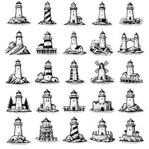 May include: A collection of twenty-one black and white lighthouse illustrations. Each lighthouse design varies in style, some with striped patterns, others with attached buildings, and some on rocky terrain. The illustrations are detailed and suitable for nautical-themed designs.