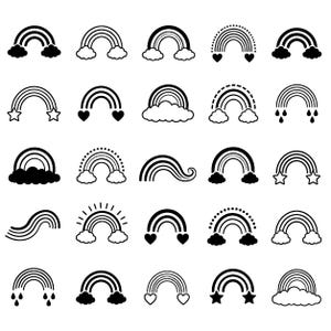 Op de afbeelding: Een verzameling zwart-wit regenboog illustraties. Elk regenboogontwerp heeft verschillende wolken-, ster-, hart- en regendruppelaccenten. De regenbogen variëren in vorm en stijl, geschikt voor verschillende knutselprojecten.