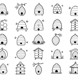 Puede incluir: Una colección de veinticinco iconos de arte lineal en blanco y negro que representan diversas colmenas y estructuras apícolas. Los diseños incluyen colmenas tradicionales, cajas de madera apiladas, colmenas colgantes y panales.