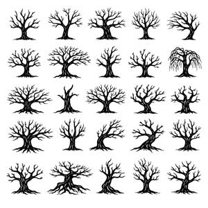Bare Tree SVG Icons Bundle – 25 Unique Black Outline Leafless Tree Designs, Bold Line Art, White Background, Cricut Silhouette Cut Files
