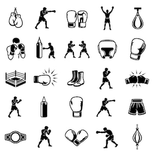May include: A collection of black and white boxing-themed icons. The image includes boxing gloves, boxers in action, a boxing ring, punching bags, boxing boots, and a championship belt.