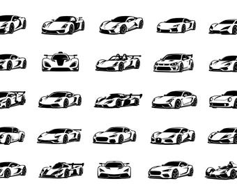 Sports Car SVG Icons Bundle – 25 Unique Supercar Outline Designs, Bold Line Art, White Background, Cricut Silhouette Cut Files
