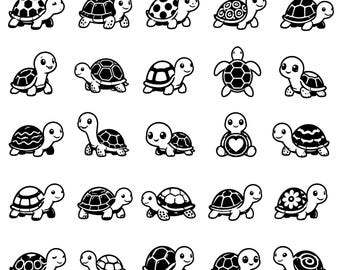 Cute Turtle SVG Icons Bundle – 25 Unique Black Outline Reptile Designs, Bold Line Art Collection, White Background, Cricut Silhouette