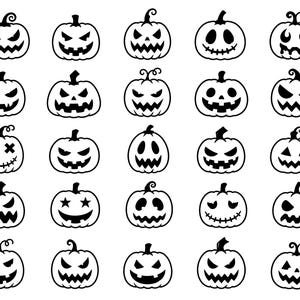 Pumpa ansikte SVG ikoner Bundle – 25 unika svarta konturer Jack O'Lantern uttryck, fet linjeteckning, vit bakgrund, Halloween Clipart
