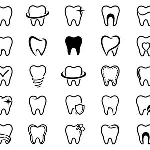 Op de afbeelding: Een verzameling zwart-witte tandpictogrammen in verschillende ontwerpen. Sommige tanden hebben een vinkje, een ster of een beschermend schild. De illustraties met tandheelkundig thema zijn geschikt voor een tandartspraktijk of branding van tandheelkundige producten.