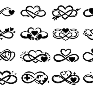Puede incluir: Una colección de diseños de símbolos de infinito en blanco y negro, cada uno incorporando formas de corazón. Los diseños varían, incluyendo corazones con alas, flechas y formas entrelazadas. El tema general es el amor y la eternidad.