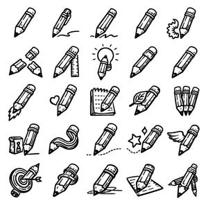 May include: A collection of black and white line art illustrations of pencils in various designs. Some pencils are shown with additional elements like a ruler, a heart, a leaf, and wings. The image is a graphic representation of writing and drawing tools.