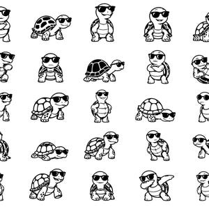 Puede incluir: Una colección de veinticinco ilustraciones en blanco y negro de tortugas de dibujos animados con gafas de sol en varias posturas, incluyendo de pie, caminando, sentadas y haciendo el dab, presentadas en una cuadrícula sobre fondo blanco.