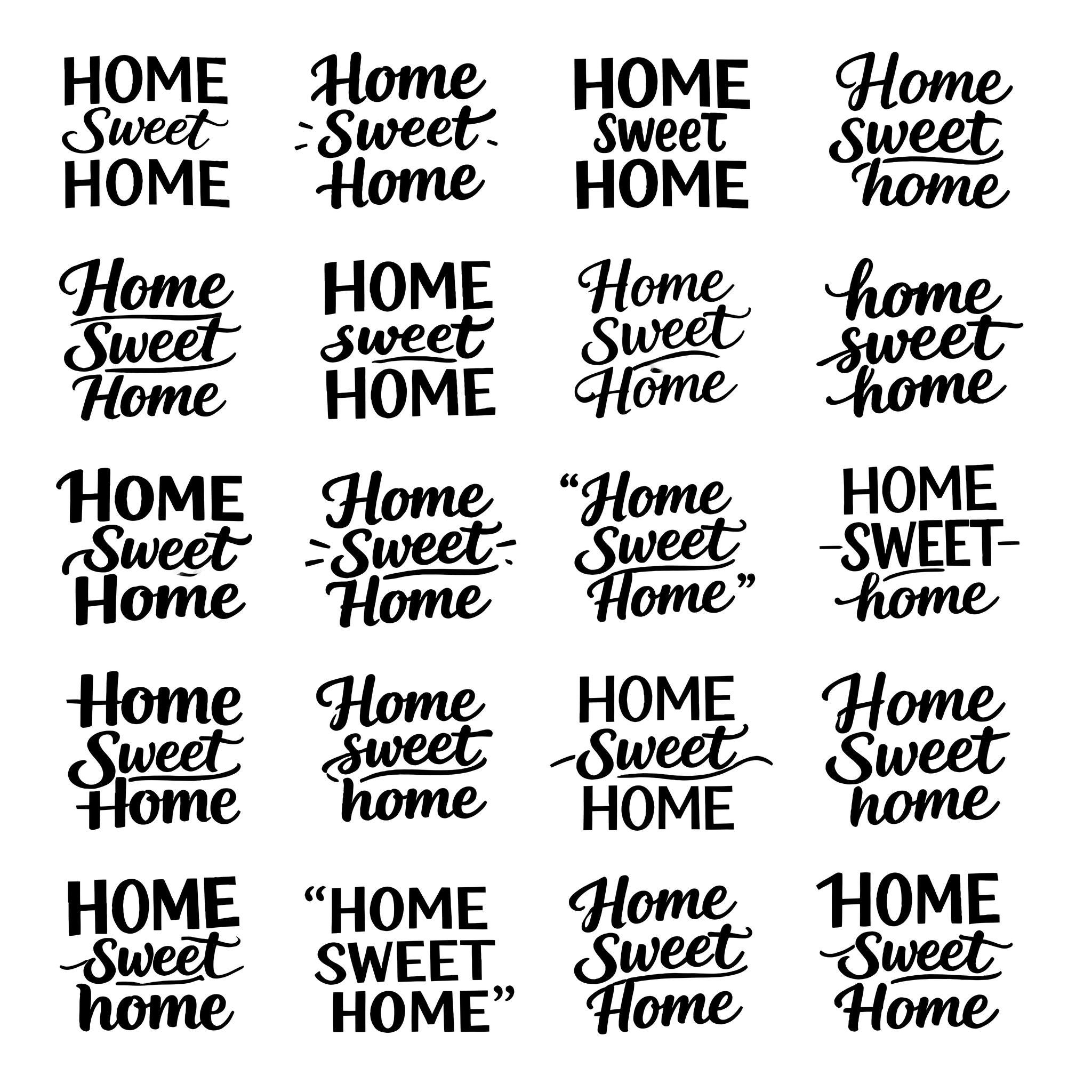 Home Sweet Home Typography Set – 20 Distinct Black Outline Lettering ...
