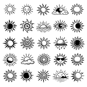 May include: A collection of 25 black and white sun illustrations. Each sun design varies, showcasing different styles, including smiling faces, rays, and cloud elements. The designs are suitable for various creative projects.
