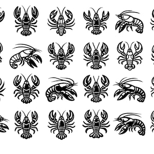 Puede incluir: Una colección de ilustraciones de langostas en blanco y negro en varias poses. Los diseños incluyen representaciones frontales, laterales y en ángulo de los crustáceos, adecuadas para diseños temáticos de mariscos o decoración costera.