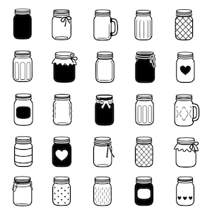 May include: A collection of various mason jars in black and white. The jars have different shapes, sizes, and designs, including jars with handles, heart shapes, and decorative patterns. The image is a flat illustration.