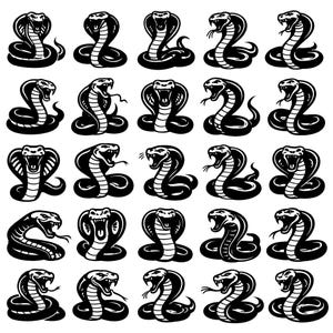 May include: A series of black and white illustrations of cobras in different positions. The snakes are shown with their hoods spread, some with open mouths and fangs, and others coiled. The artwork has a strong, graphic style.