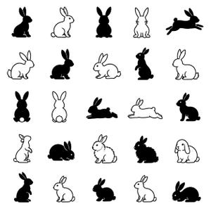Puede incluir: Una colección de veinticinco iconos en blanco y negro que muestran conejos en varias posturas, incluyendo sentados, saltando, tumbados y de pie. El conjunto muestra una mezcla de siluetas negras sólidas y contornos blancos.