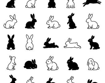 Bunny Silhouette SVG Bundle – 25 Unique Black Outline Rabbit Icons, Bold Line Art, White Background, Cricut, Silhouette, Dxf, Eps, Png, Jpg