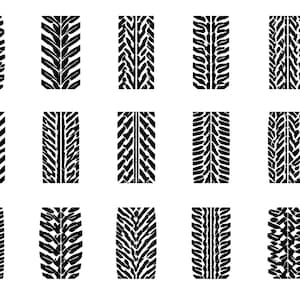 Tire Tracks SVG Bundle – 21 Unique Black Outline Tread Icons, Bold Line Art, White Background, Off Road Pattern Designs, Cricut Silhouette