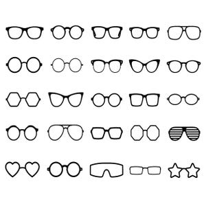 May include: A collection of twenty-five black line art icons depicting various styles of spectacles and sunglasses. The set includes diverse frame shapes such as round, square, cat-eye, hexagonal, heart-shaped, star-shaped, and shutter-style lenses.