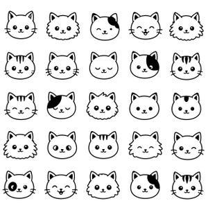 Pode incluir: Uma grade de vinte e cinco ícones de arte linear em preto e branco com vários rostos de gatos. Cada gato tem uma expressão única, incluindo sorrisos, piscadelas ou sono, com padrões de listras, manchas sólidas ou pelagem felpuda.