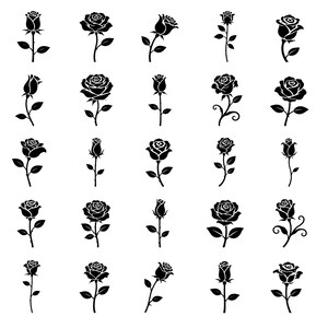 Puede incluir: Una colección de veinticinco iconos de siluetas negras de rosas dispuestos en una cuadrícula de cinco por cinco. Cada icono representa una rosa en diferentes etapas de floración, desde capullos cerrados hasta flores abiertas, con tallos y hojas.