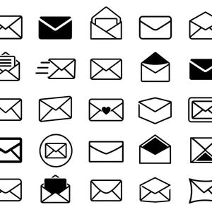 May include: A collection of black and white envelope icons in various styles. Some envelopes are open, some are closed, and some have hearts or motion lines. The icons are outlined or solid, suitable for digital design or print.
