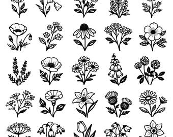 Paquete de iconos SVG de flores silvestres: 25 diseños botánicos florales únicos con contornos definidos, líneas gruesas, fondo blanco, archivos de corte para Cricut y Silhouette.