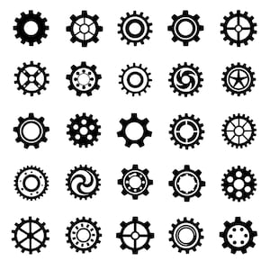 Peut inclure: Une collection de vingt-cinq icônes d'engrenages noirs de différents modèles. Les engrenages sont disposés en grille sur fond blanc. Chaque engrenage a une forme et un nombre de dents uniques, pour thèmes mécaniques ou industriels.