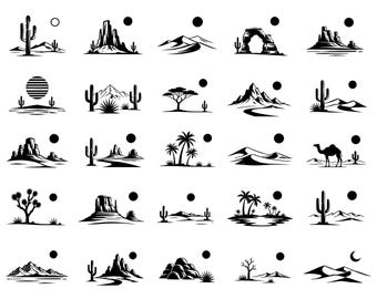 Desert Landscape SVG PNG Bundle – 25 Unique Black Outline Dune Icons, Minimal Desert Scene Clipart, Bold Line Art, Cricut Silhouette