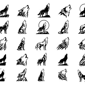 May include: A collection of black and white wolf illustrations in various poses. Some wolves are howling, others are standing or sitting. The designs include detailed fur textures and silhouettes, suitable for graphic design projects or nature-themed art.