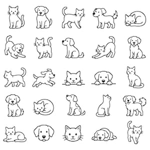 Puede incluir: Una colección de ilustraciones en blanco y negro de gatos y perros en varias poses. Las imágenes incluyen gatos sentados, caminando y acurrucados, y perros sentados, corriendo y con la lengua fuera.