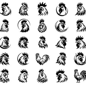 Può includere: Una collezione di venticinque illustrazioni grafiche in bianco e nero che presentano varie teste di gallo e due figure di galli a figura intera. Ogni design mostra piume, creste e bargigli dettagliati in un formato artistico ad alto contrasto.