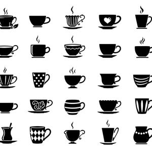May include: A collection of twenty-five black and white icons depicting various coffee and tea cups. The set includes diverse shapes, patterns, and styles, with some cups featuring steam rising, saucers, polka dots, stripes, and heart motifs.
