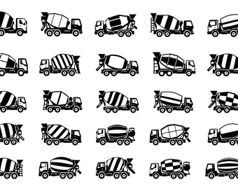 Cement Truck SVG Icons Bundle – 25 Distinct Black Outline Mixer Vehicle Designs, Bold Line Art, White Background, Cricut and Silhouette