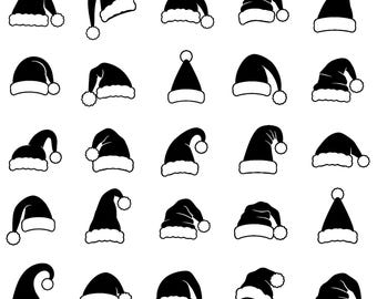 Santa Hat SVG Icons Bundle – 25 Unique Christmas Cap Clipart, Bold Black Outline Line Art, White Background, Cricut Silhouette Cut Files