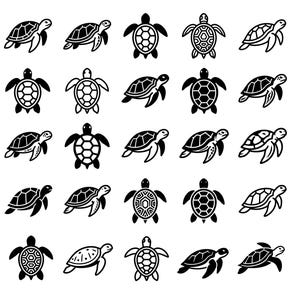 May include: A collection of twenty-five black and white icons featuring sea turtles in various poses. The set includes turtles shown from a top-down perspective with detailed shell patterns and side-profile views with flippers extended in motion.