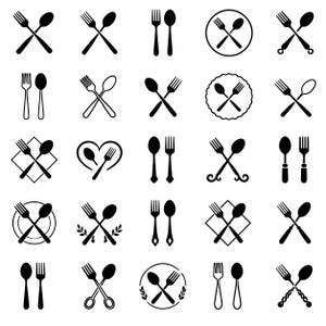 May include: A collection of black and white cutlery icons, including forks and spoons, in various arrangements. Some icons are crossed, others are side-by-side, and some are within decorative shapes like circles and hearts.