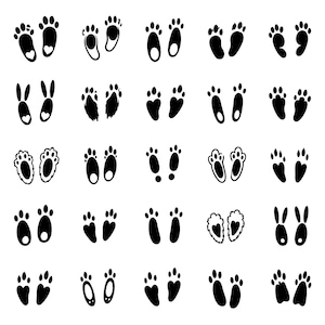 May include: A collection of twenty-five pairs of black animal paw prints arranged in a grid. The prints feature various shapes, including some with heart-shaped pads, elongated toes, and furry outlines, representing different animal tracks.