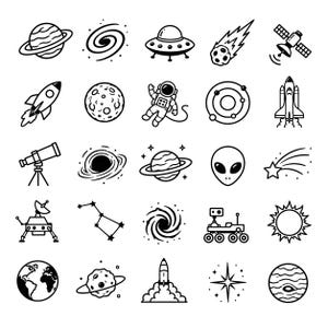 Może przedstawiać: Zbiór czarno-białych ilustracji o tematyce kosmicznej. Obrazy przedstawiają planety, galaktyki, rakietę, astronautę, teleskop, satelitę, kometę, UFO i inne obiekty niebieskie.