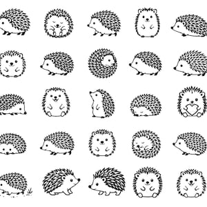 Può includere: Una collezione di venticinque illustrazioni in bianco e nero di ricci in varie pose, tra cui camminare, seduti, appallottolati e uno che tiene un cuore, disposte in una griglia su uno sfondo bianco.