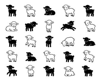 Baby Lamb SVG Icons Bundle – 25 Unique Black Outline Sheep Illustrations, Bold Line Art, White Background, Cricut Silhouette, Dxf, Eps, Png