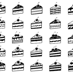 SVG-Bundle „Süßes Kirschkuchenstück“ – 25 einzigartige Dessert-Icons mit schwarzer Kontur, kräftige Linienzeichnung, weißer Hintergrund, digitales Schneidepaket, Cricut