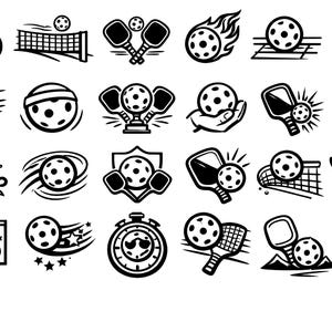 May include: A collection of black and white pickleball-themed illustrations. The images depict pickleballs, paddles, nets, and various action shots, including a ball on fire, a ball with wings, and a ball with a stopwatch.