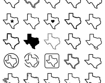 Texas State Outline Map SVG Bundle – 25 Unique Black Outline Icons, Bold Line Art, White Background, Cricut Silhouette Cut Files