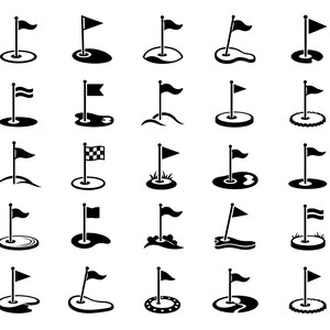Puede incluir: Una colección de veinticinco iconos en blanco y negro que representan varias banderas de golf en greens. Cada icono presenta un mástil vertical con una bandera adjunta, situado dentro de diferentes formas circulares o irregulares.