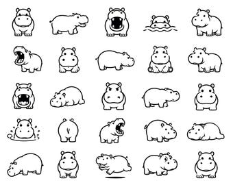 Hippo SVG Icons Bundle – 25 Unique Black Outline Animal Designs, Bold Line Art, White Background, Cricut Silhouette Cut Files