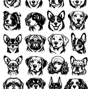 May include: A collection of black and white dog portraits, showcasing various breeds. The image features detailed illustrations of dogs, including a Golden Retriever, Husky, and Bulldog, among others. The portraits are arranged in a grid.
